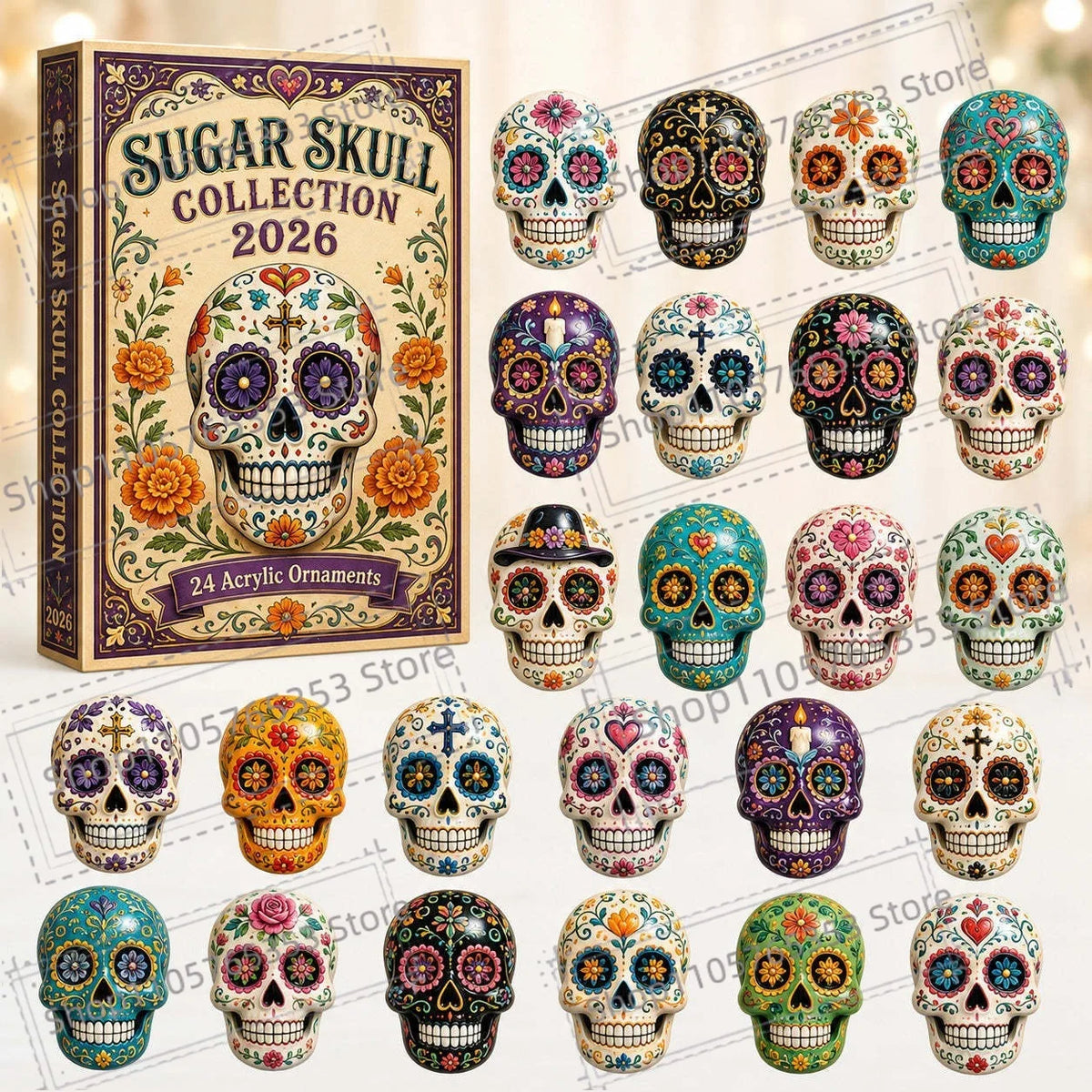 Advent Calendar | 2026 Day Of The Dead | 24 Piece 2D Acrylic Pendants | Festive Party Gift