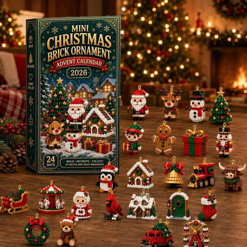 Advent Calendar | 24 Day Mini Brick Ornaments | Buildable Holiday Designs | DIY Building Block Gift Box