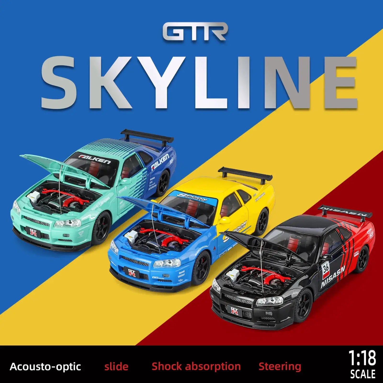 1/18 Skyline GTR R34 Modified Car Alloy Car Model Sound and Light Pull Back Children's Toy Collectibles Birthday gift - ToylandEU