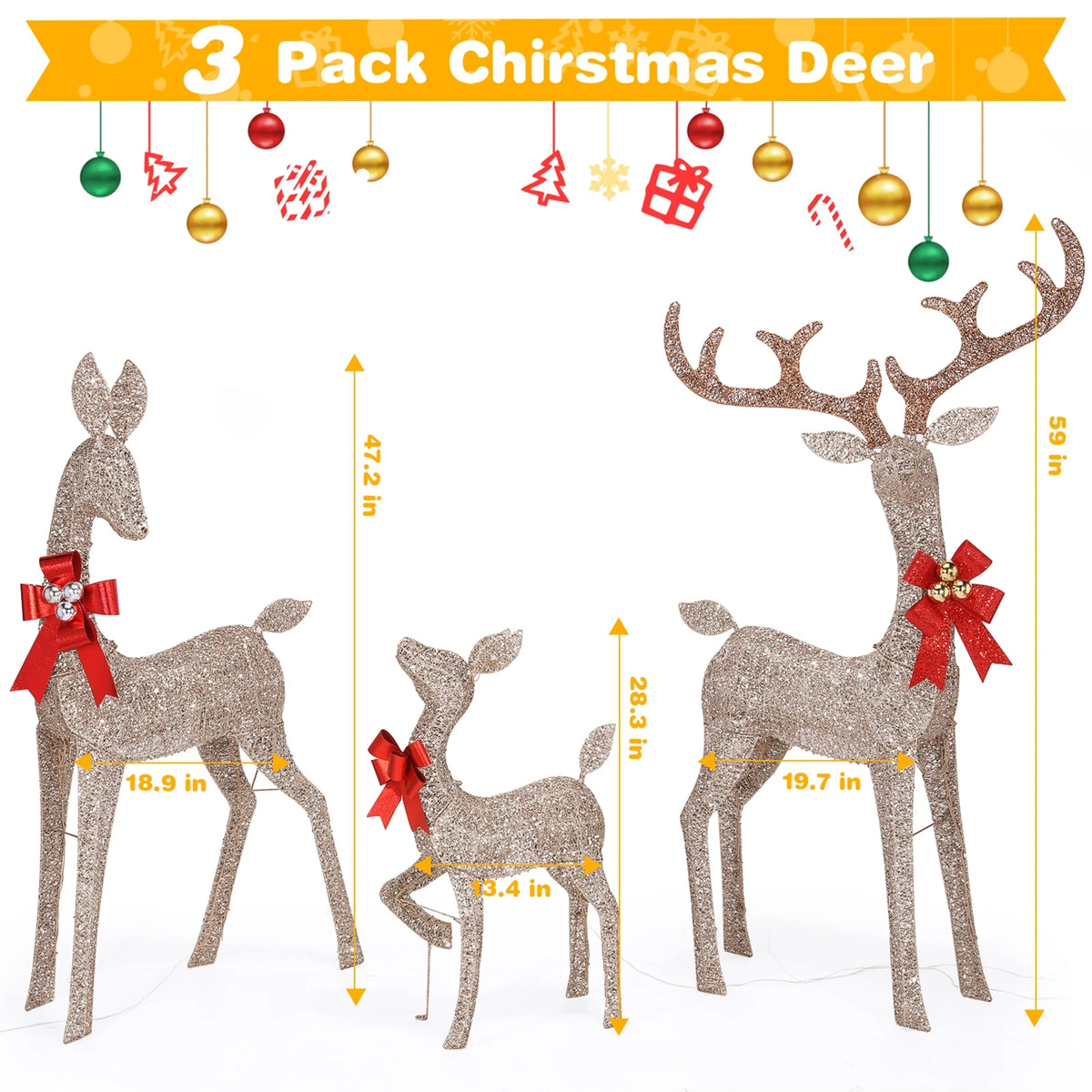Lighted Christmas Deer Set | 210 Warm Led Lights | 3 Piece Outdoor Decor