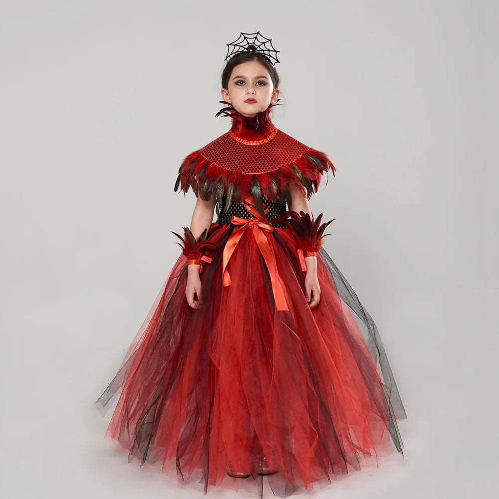 Elegant Red Mesh Demon Witch Dress for Girls - Vampire Cosplay Costume for Carnival and Halloween Parties