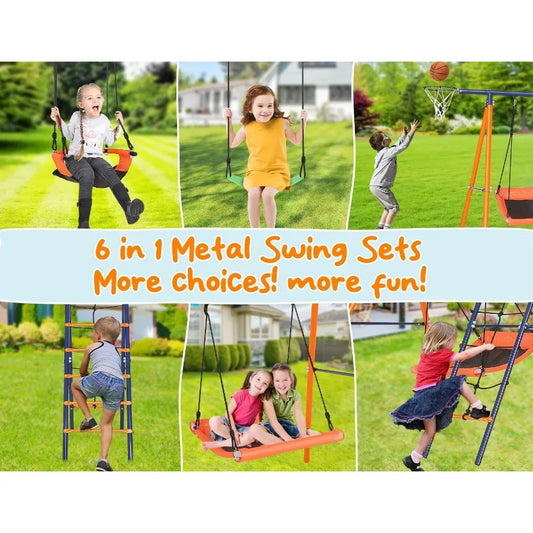 Heavy Duty Backyard Swing Set Six In One Metal Playset