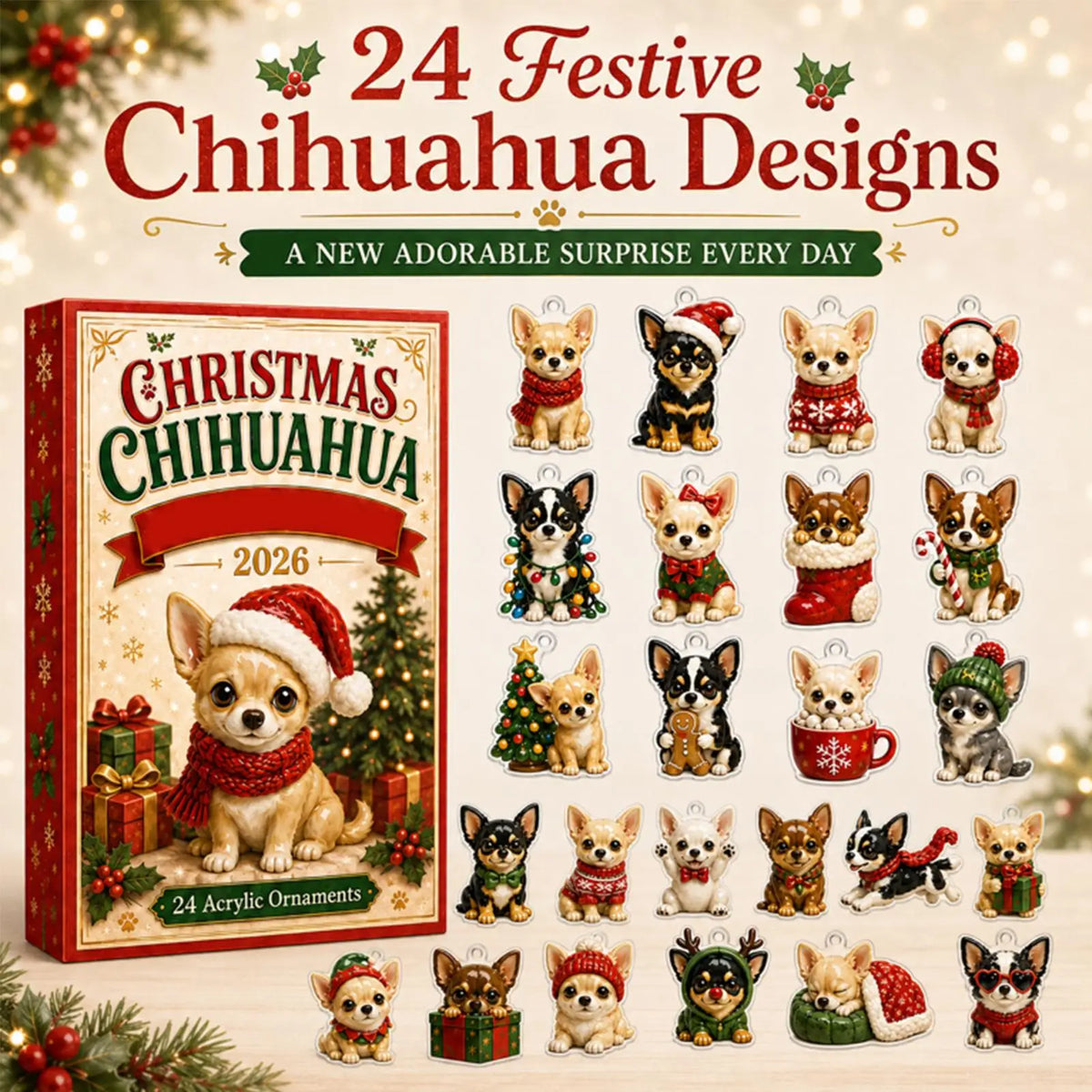 Advent Calendar | 24 Day Chihuahua Pendants | 2D Flat Acrylic Ornaments | Gift For Dog Lovers