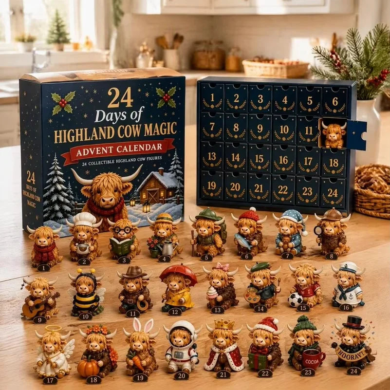 Advent Calendar | 24 Day Highland Cow Mini Figures | Numbered Compartments | Farmhouse Holiday Decor