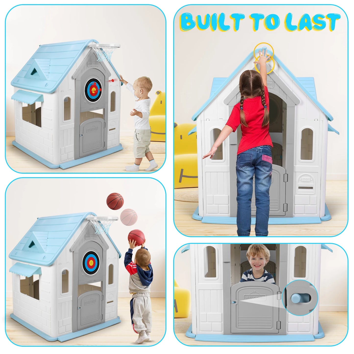 Indoor Outdoor Playset With Durable Plastic Playhouse And Basketball Hoop