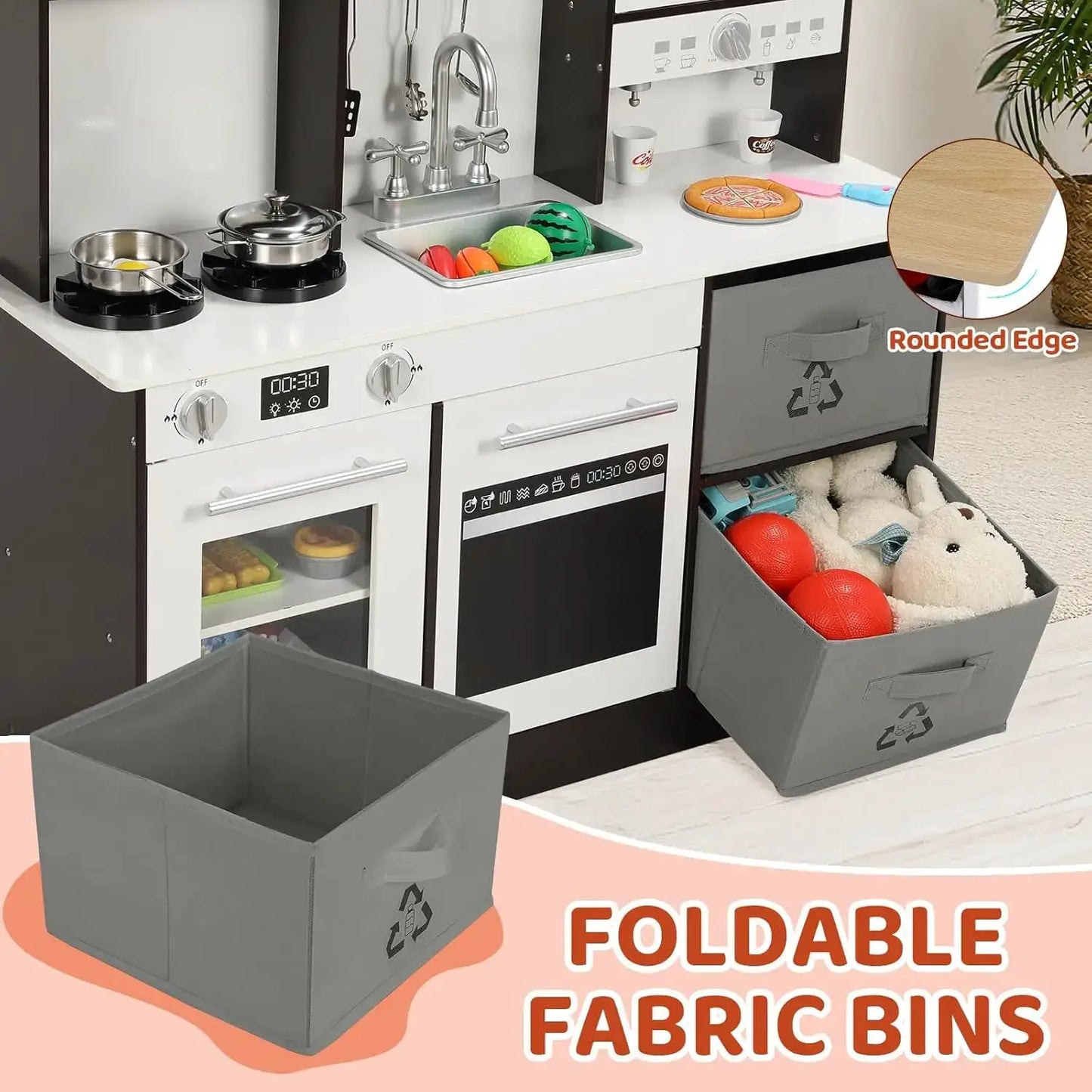 Kids Play Kitchen, Wooden Pretend Toy Kitchen, Toodler Cooking Playset, Stove w/Light & Sound, Sink, Microwave, 2 Fabric Boxs, D - ToylandEU