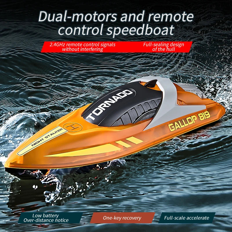 RC High-Speed RC Speedboat with LED Lights - Rechargeable, Waterproof Fun for Kids - 2-Hour Endurance Outdoor Toy