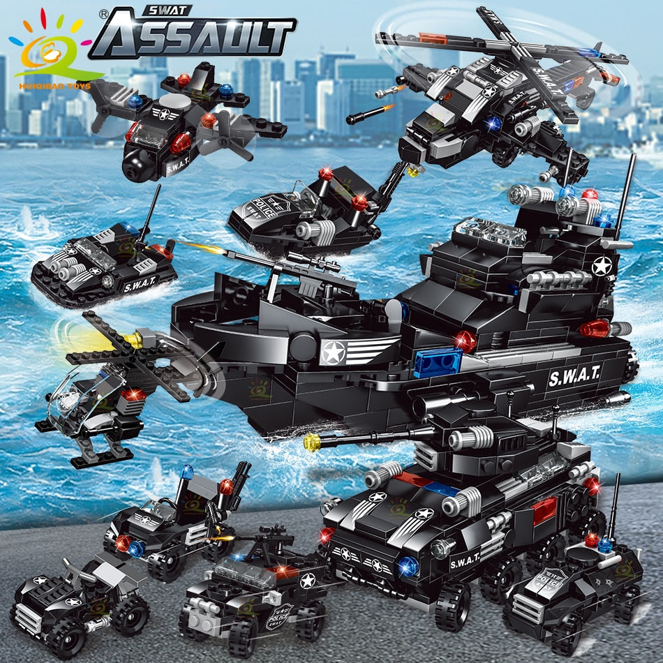 SWAT Police Ship 597pcs 8in1 Building Blocks Set with City Truck and Policeman - Construction Toy for Boys - ToylandEU