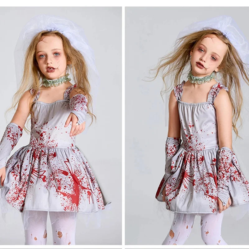 Chillingly Cute Kids Zombie Bride Costume for Halloween Fun