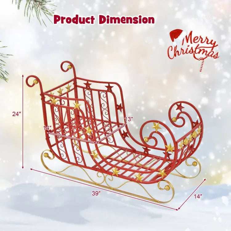 Metal Santa Sleigh | Red Gold Finish | Outdoor Holiday Decor | 39 Inch