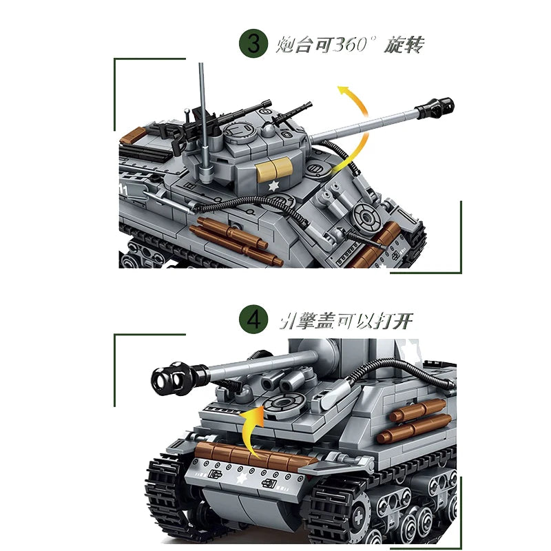 656-Piece Military Sherman M4 Tank Building Blocks Kit, Includes Paper Manual - ToylandEU