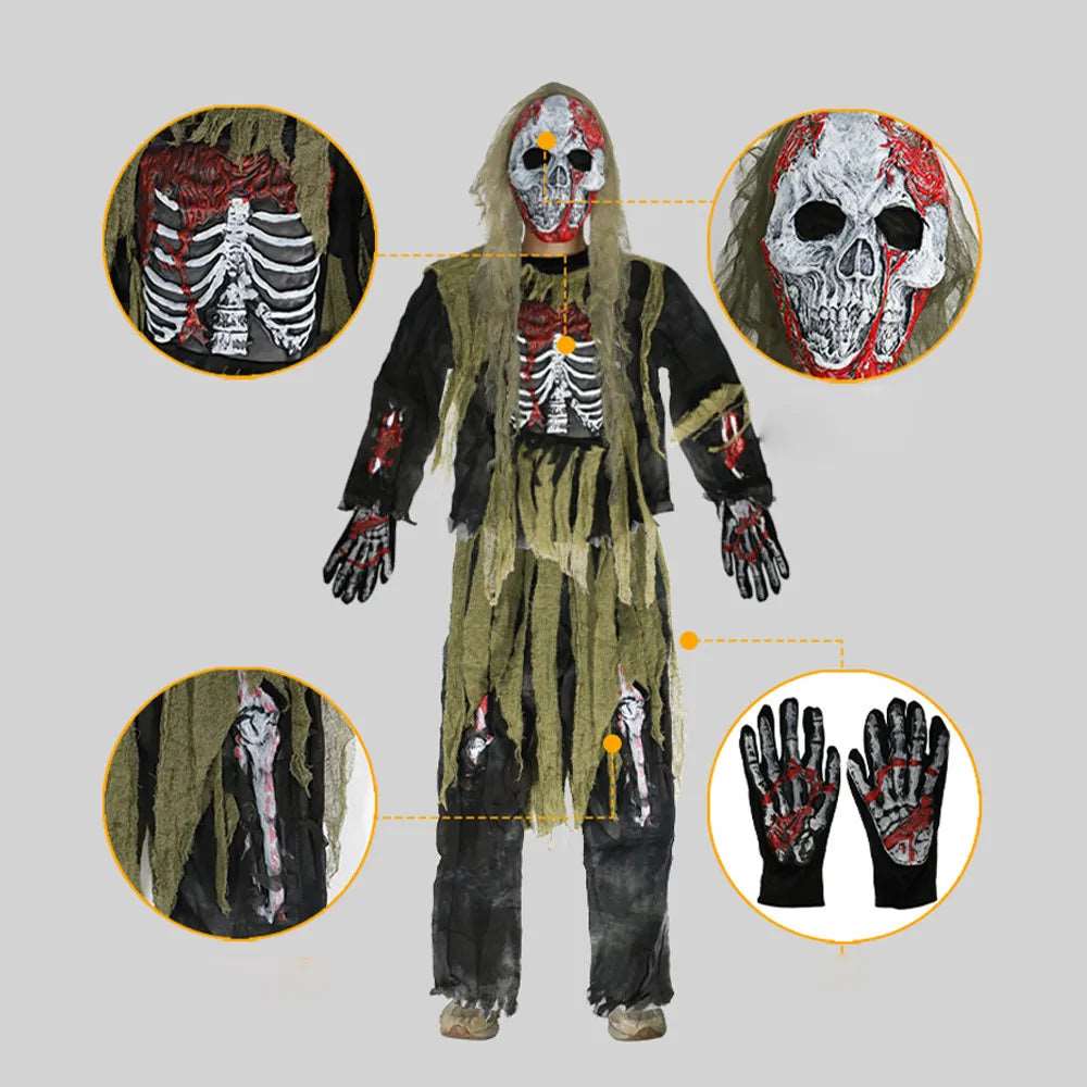 Children's Zombie Skeleton Costume for Halloween and Carnival Parties - Living Dead Swamp Monster Outfit