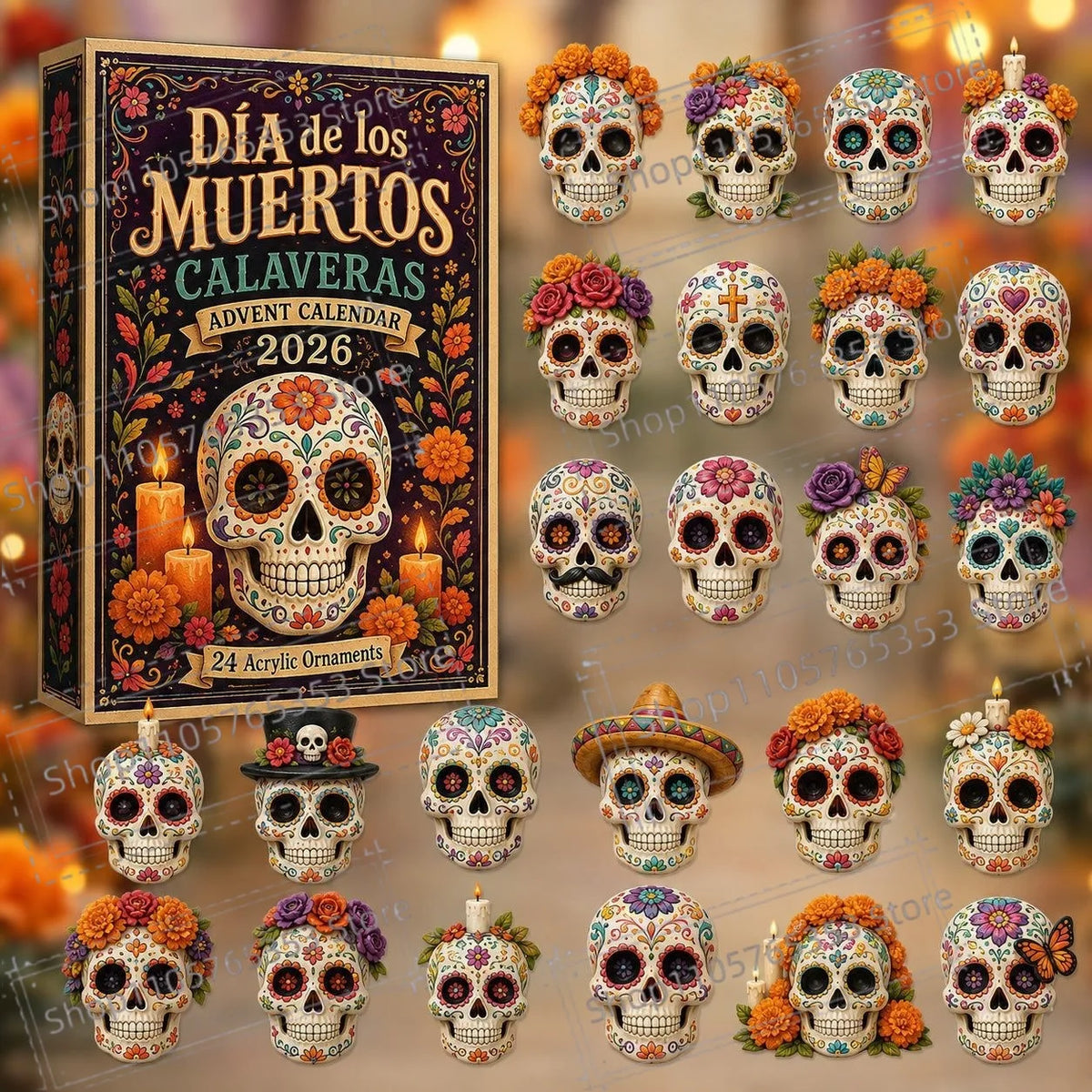 Advent Calendar | 2026 Day Of The Dead | 24 Piece 2D Acrylic Pendants | Festive Party Gift