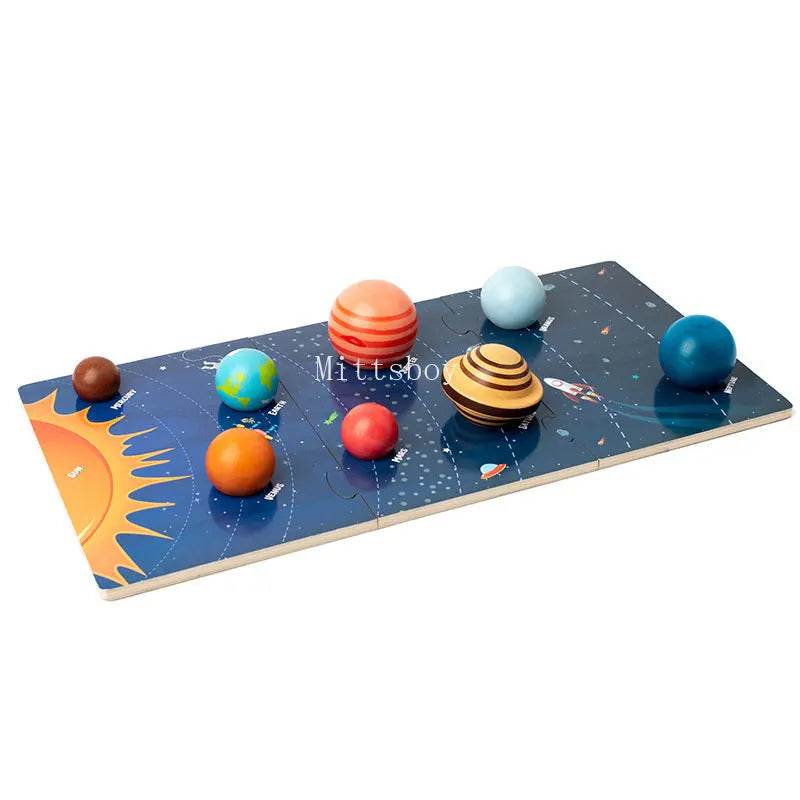 Baby Montessori Wooden Early Education Toys 3D Eight Planets Puzzle Universe Cognition Solar System Planet Matching Board - ToylandEU