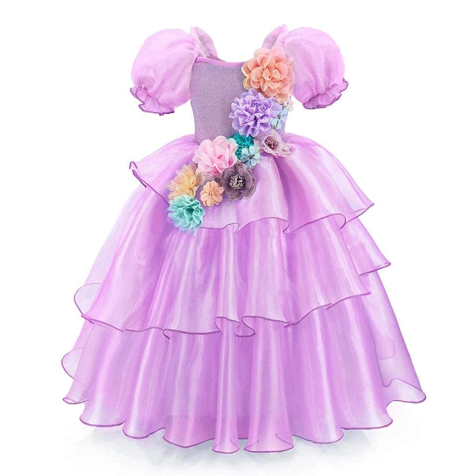 Enchanted Puff Sleeve Tutu Dress for Girls - Backless Halloween Cosplay Costume with Floral Design