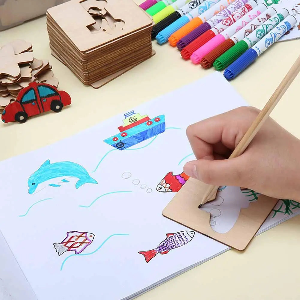 20pcs Montessori Wooden Drawing Toys DIY Painting Template Stencils