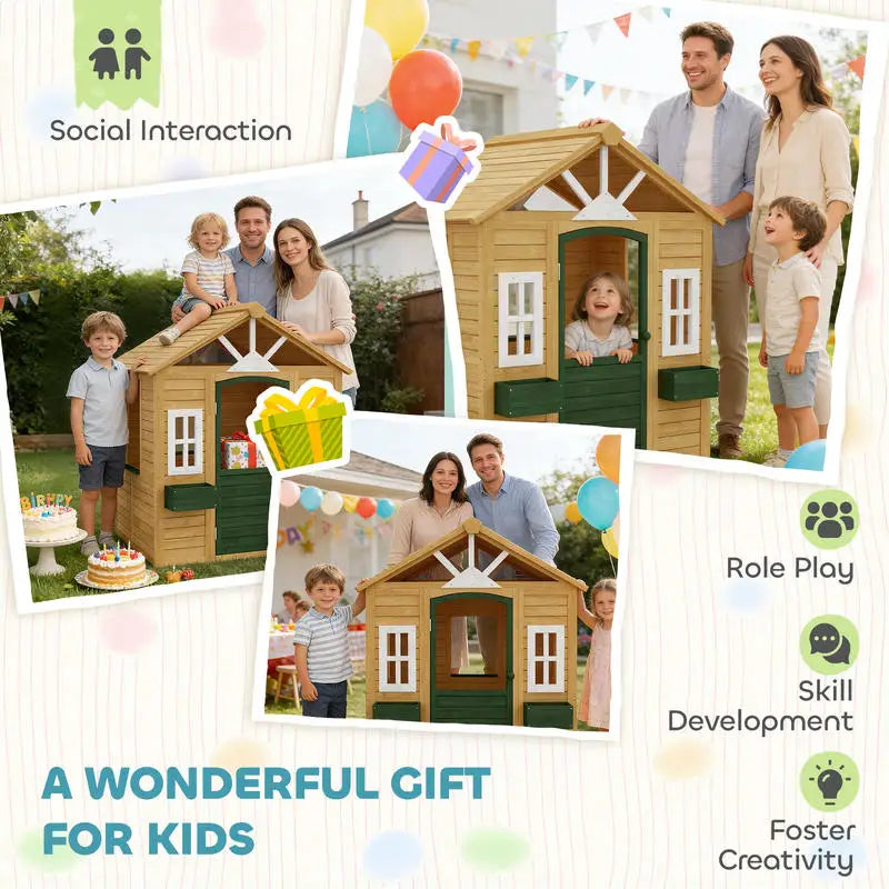 Wooden Outdoor Playhouse for Kids Safe Fir Wood Construction