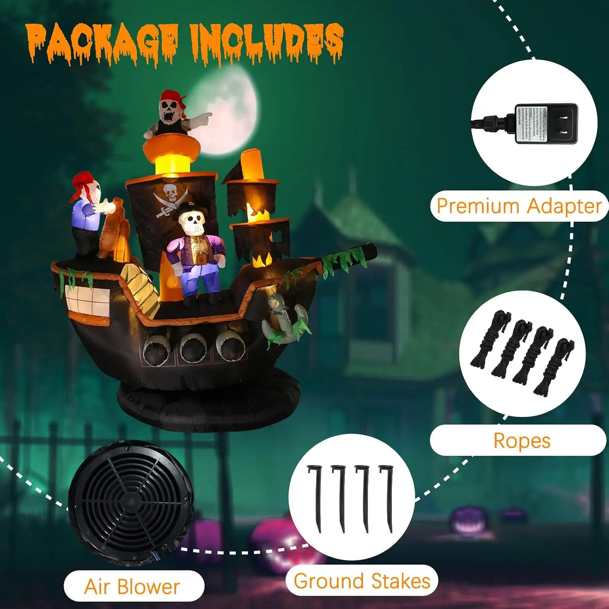 Halloween Inflatable Pirate Ship | 7 Ft High | Built In Led Lights | Yard Decor