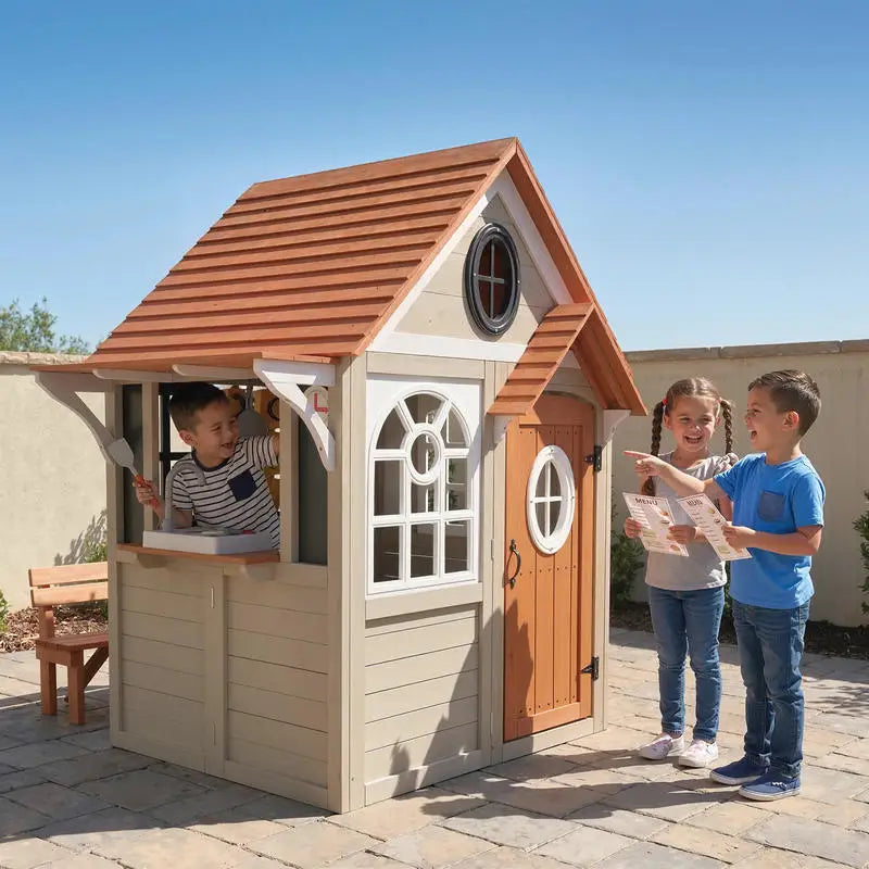 Wooden Outdoor Playhouse For Kids With Dog Door Kitchen