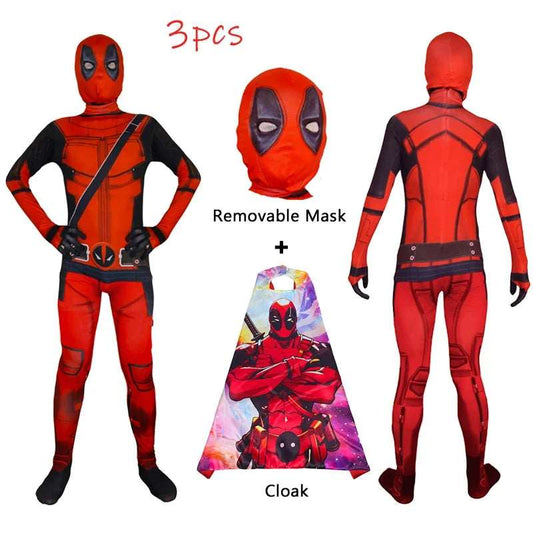 Children's Deadpool Cosplay Costume Set with Face Mask, Cape, and Bodysuit - Halloween Outfit