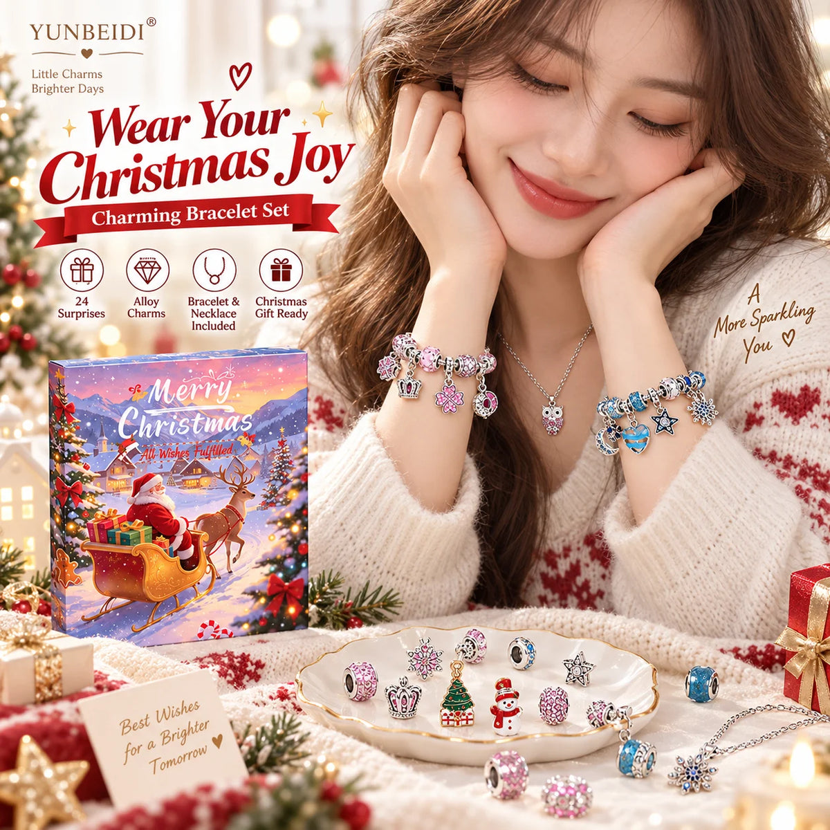 Advent Calendar | 24 Day Pendant Bracelet Gift Set | Alloy Metal Charms | Christmas Countdown Jewelry