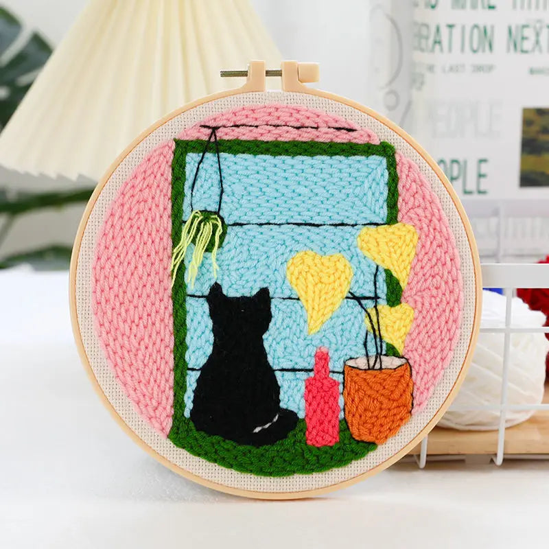 Beginner Cat & Floral Punch Needle Kit - Adjustable Embroidery Pen, Hoop, and Craft Supplies for Kids and Adults