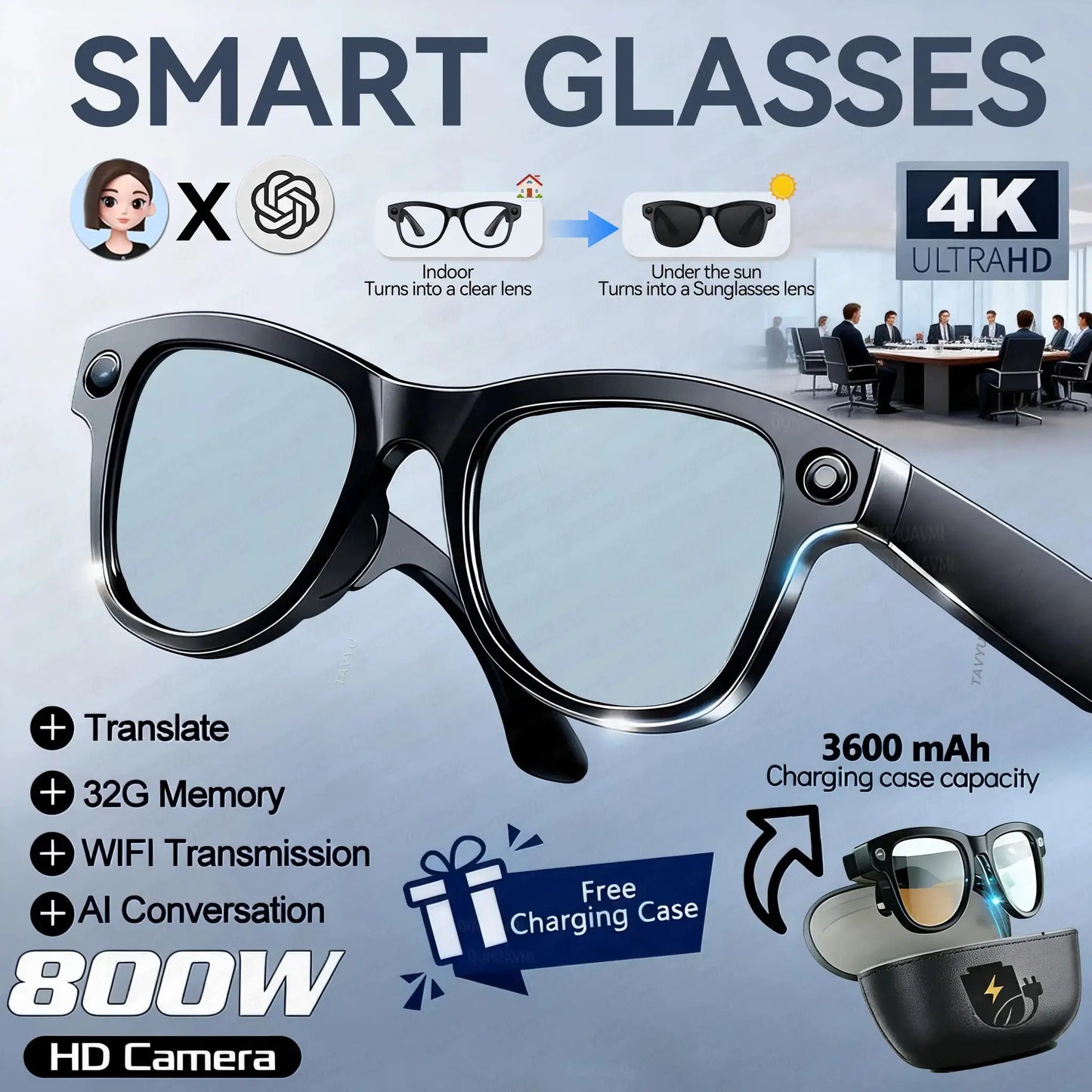 2026New 8MP 4K HD Camera AI Glasses Men 3600mAh Power Bank 32G Memory 160+ Translation Glasses Waterproof Smart Sunglasses Women - ToylandEU