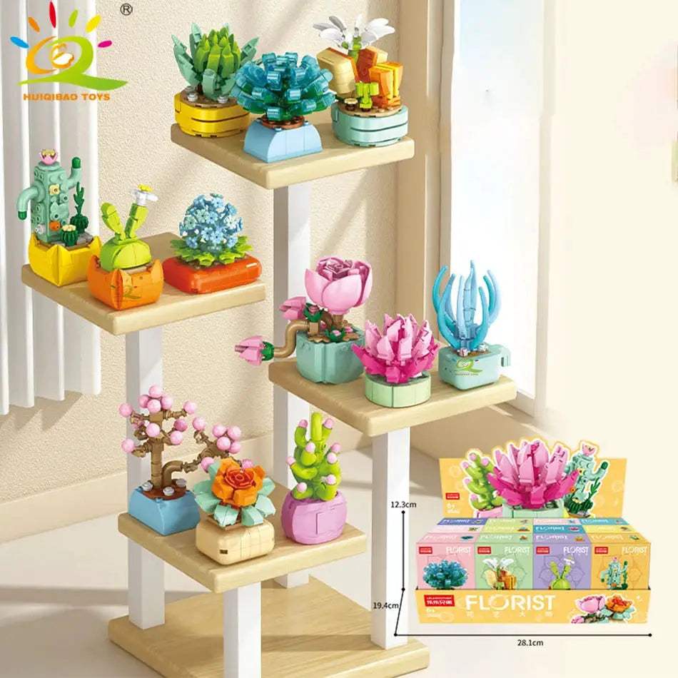 HUIQIBAO MOC Flower Succulent Potted Model Building Block DIY Eternal Bouquet Home Desk Plant Decor Brick Girl Gift Children Toy - ToylandEU