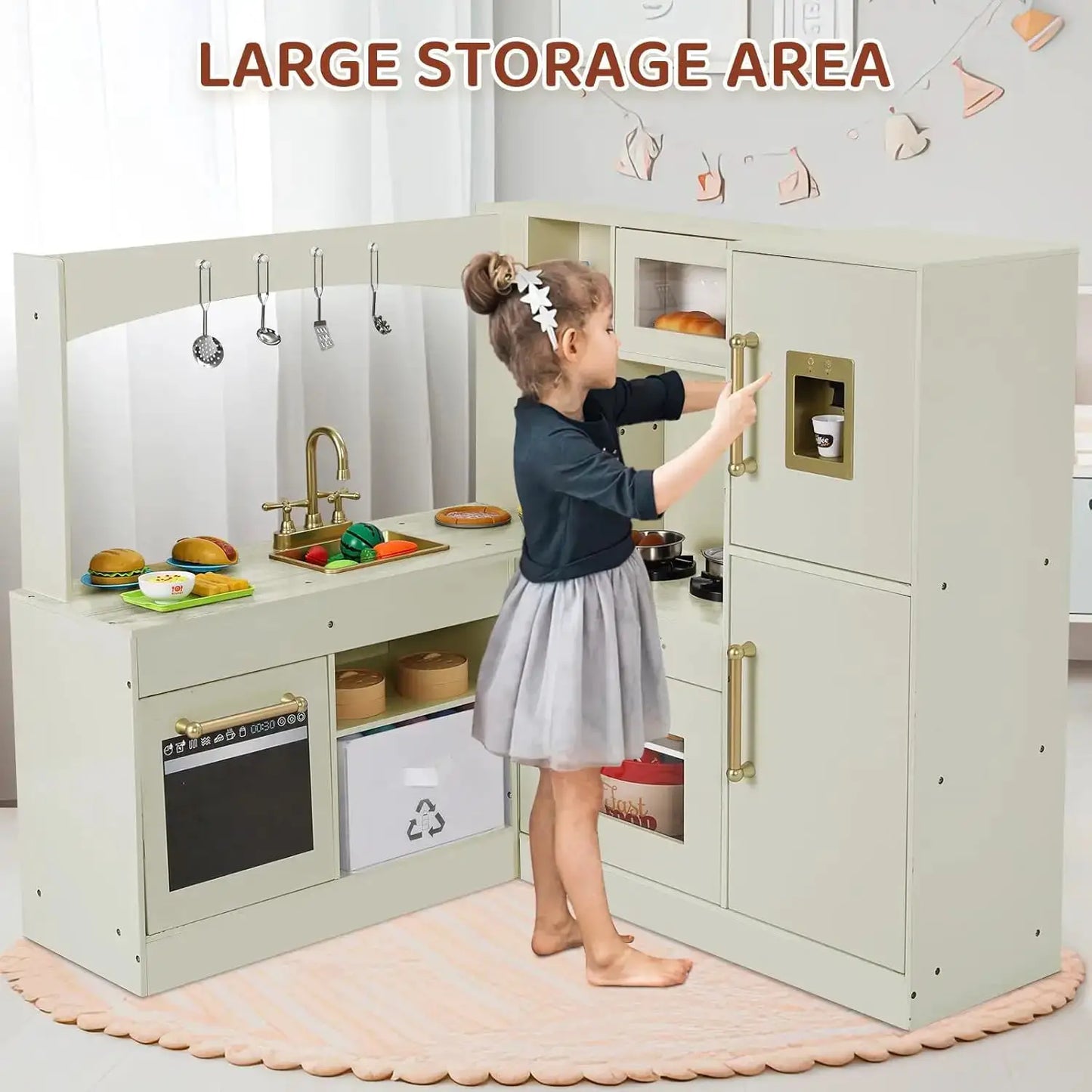 Corner Play Kitchen for Kids, Wooden Pretend Toy Kitchen, Large Toodler Cooking Playset w/Refrigerator, Stove w/Light & Sound, D - ToylandEU