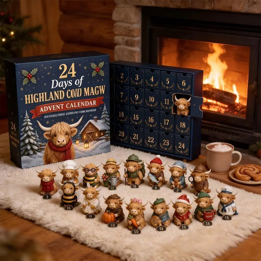 Advent Calendar | 24 Day Highland Cow Collectibles | Cloth Calendar With Figurines | Holiday Countdown Decor