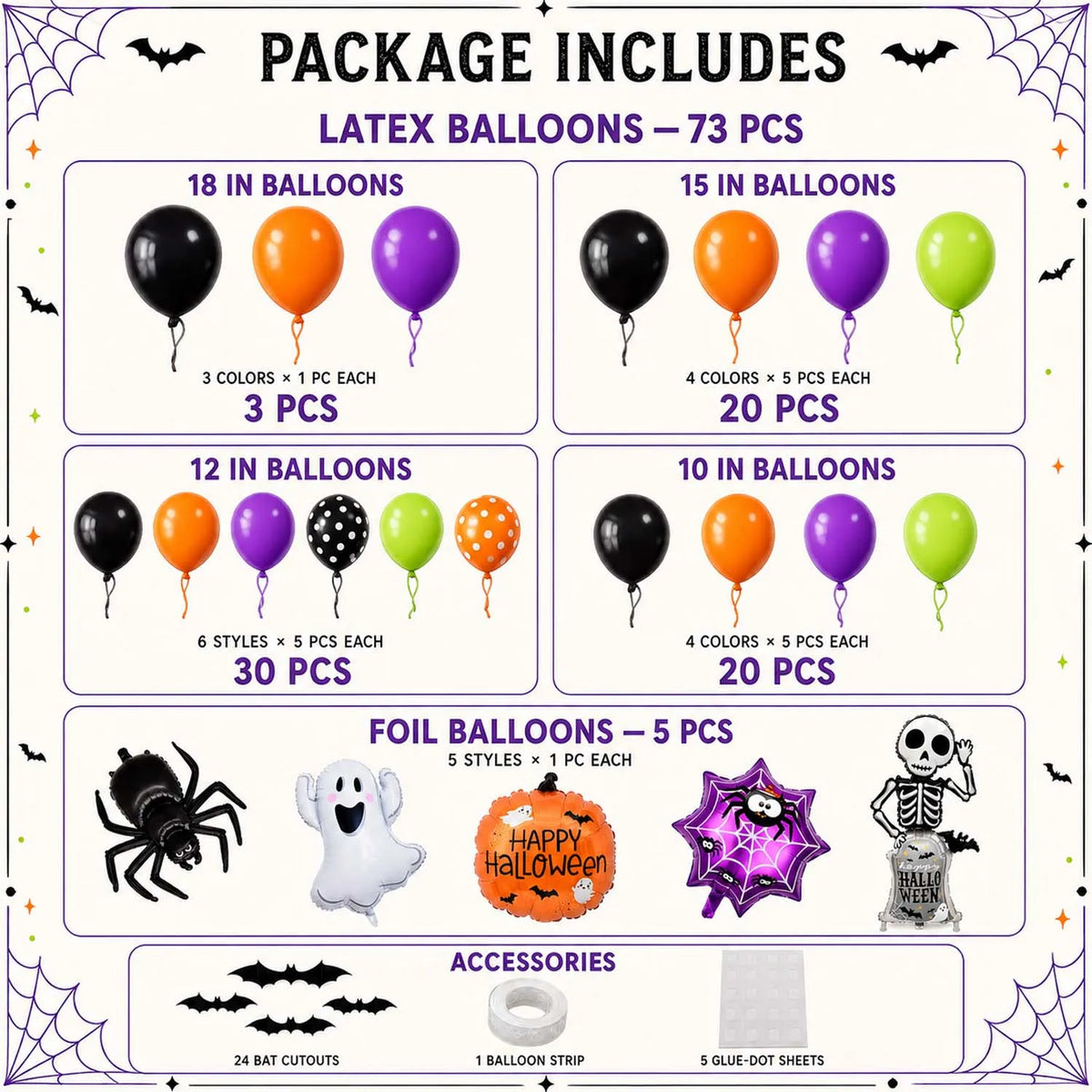 Halloween Balloon Garland Kit | 108pc Set | Foil Latex Mix | Party Decor