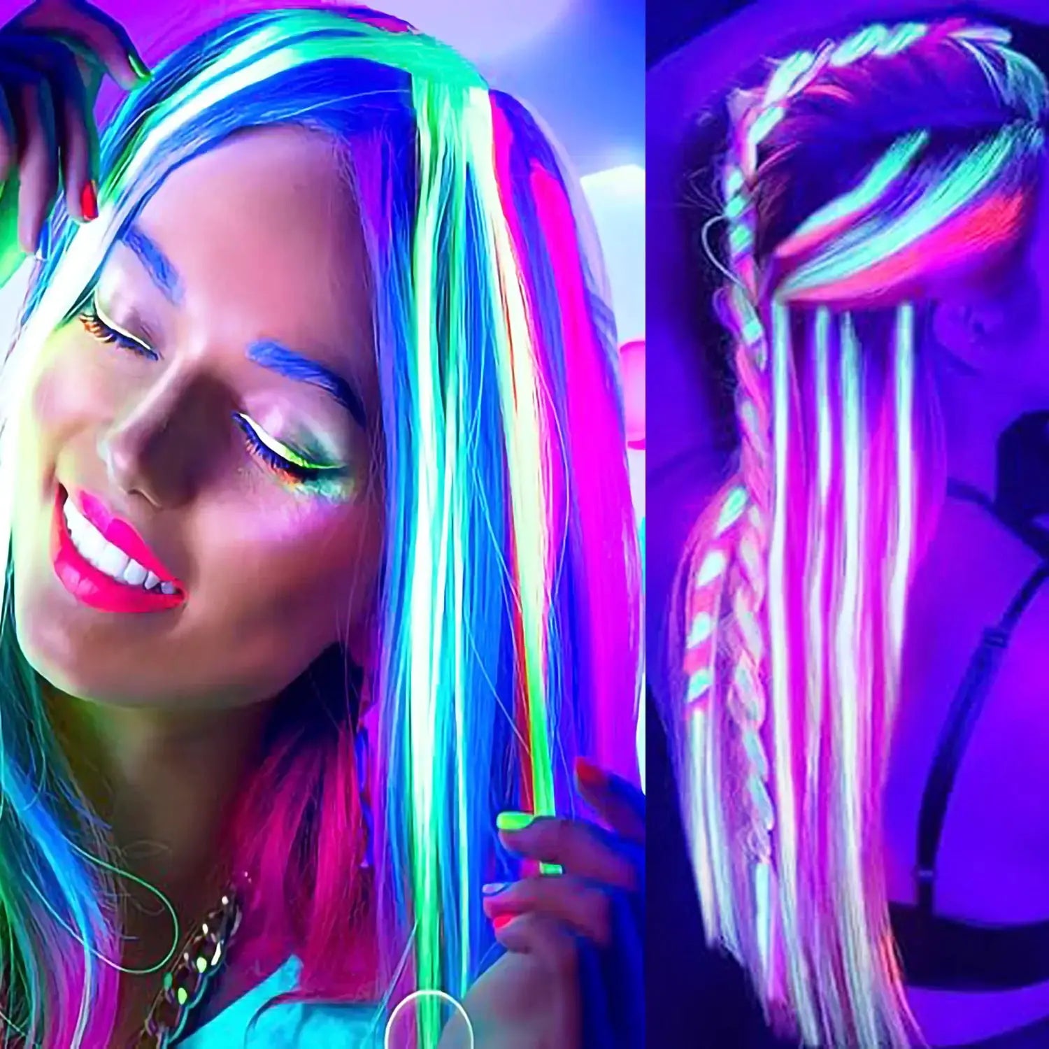 20 Inch Glow in the Dark Hair Extensions Clip Luminous Colored Hairpieces Party Rainbow Hair Clips Synthetic Straight Wig - ToylandEU