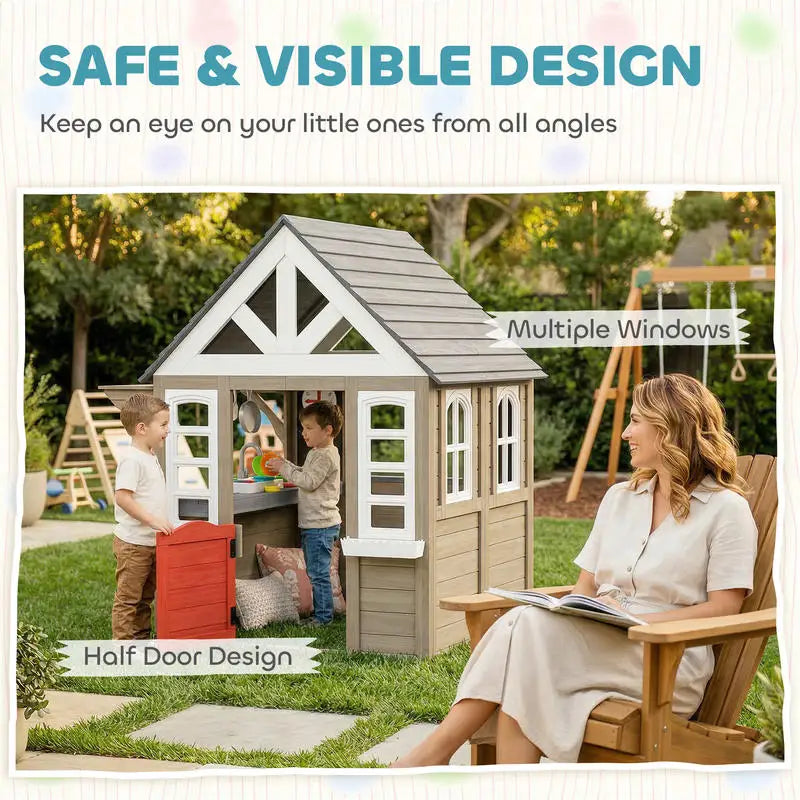 Wooden Outdoor Playhouse For Kids With Stove Set Backyard Fun