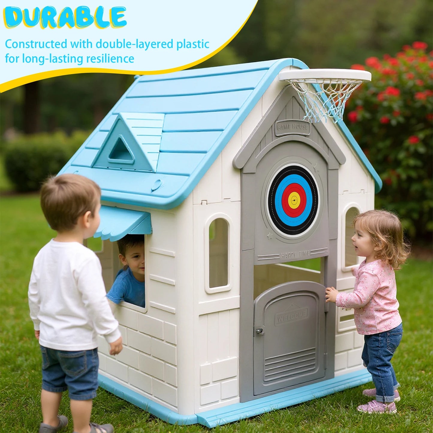 Indoor Outdoor Playset With Durable Plastic Playhouse And Basketball Hoop