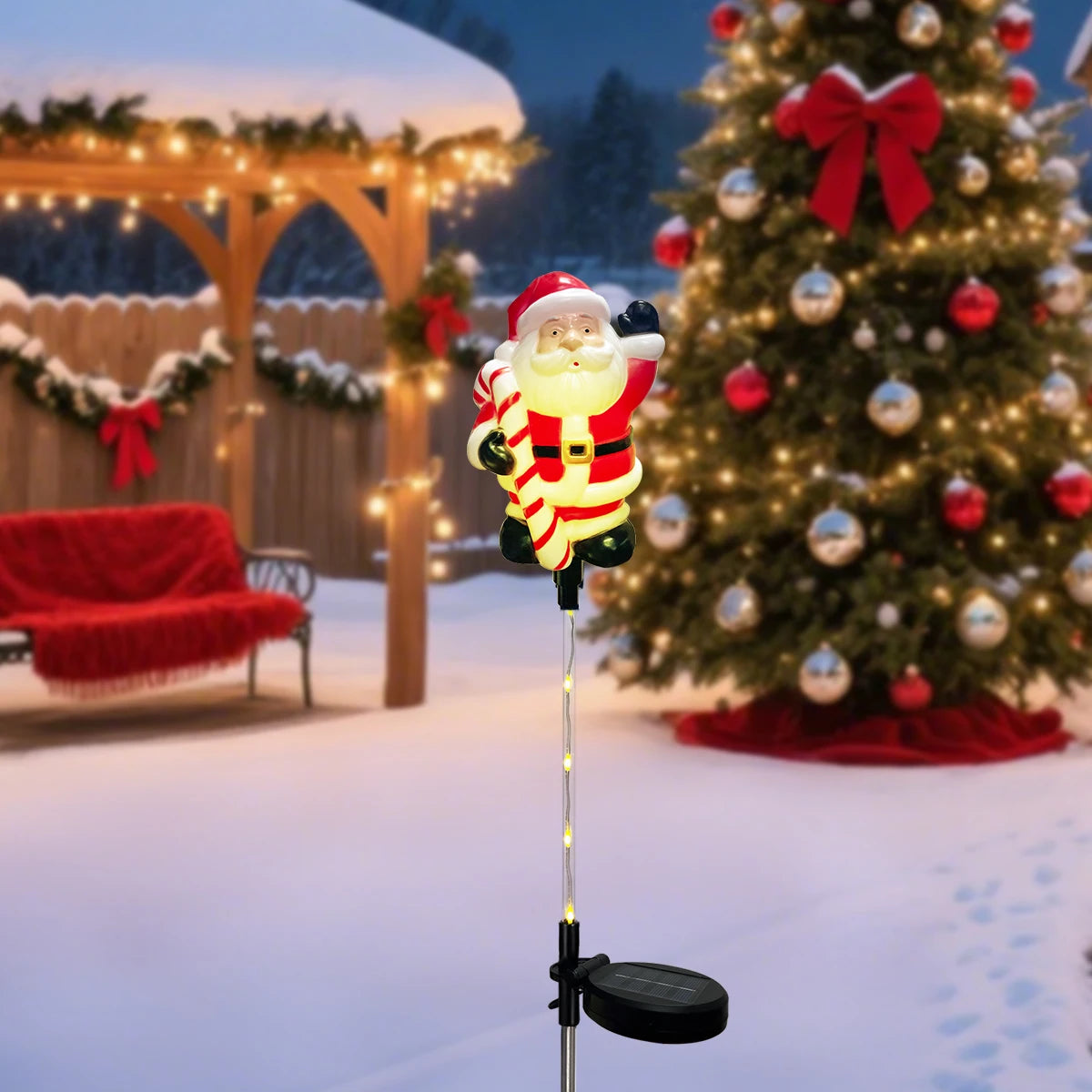 Solar Christmas Stake Lights | 8 Light Modes | Outdoor Santa, Reindeer and Tree