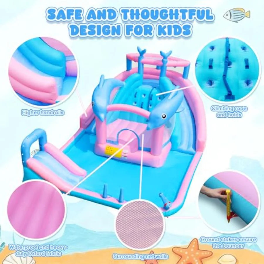 Inflatable Water Slide Dolphin Bounce House With Splash Pool
