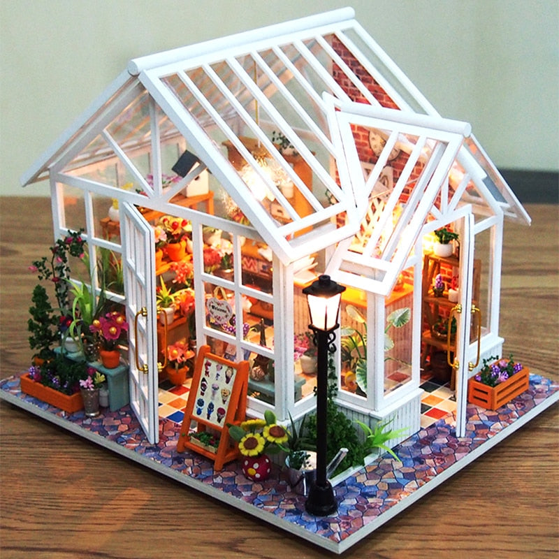 Wooden DIY Miniature Dollhouse with Garden Furniture Kit for Children's Birthday Gift