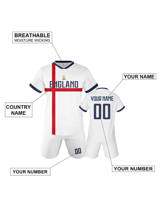 Personalized Kids England Soccer Jersey - Custom Name & Number Sports Training Uniform