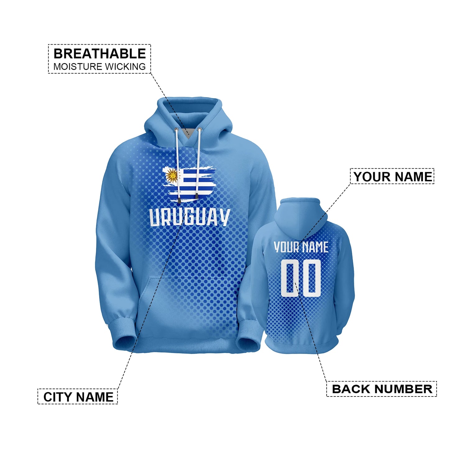 Personalized Uruguay Soccer Hoodie for Men, Women, and Youth - Custom Name & Number Football Sweatshirt (S-5XL)