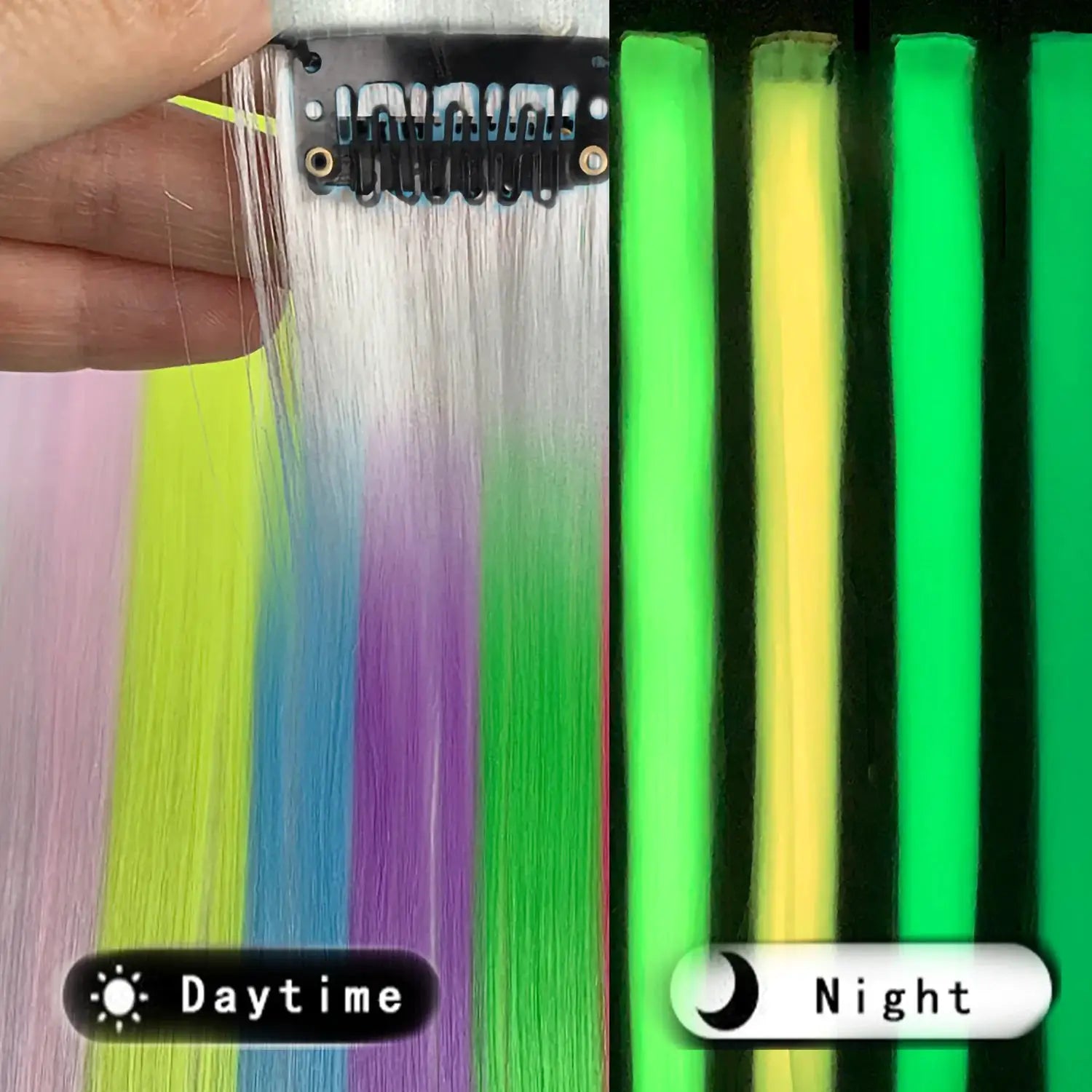 20 Inch Glow in the Dark Hair Extensions Clip Luminous Colored Hairpieces Party Rainbow Hair Clips Synthetic Straight Wig - ToylandEU