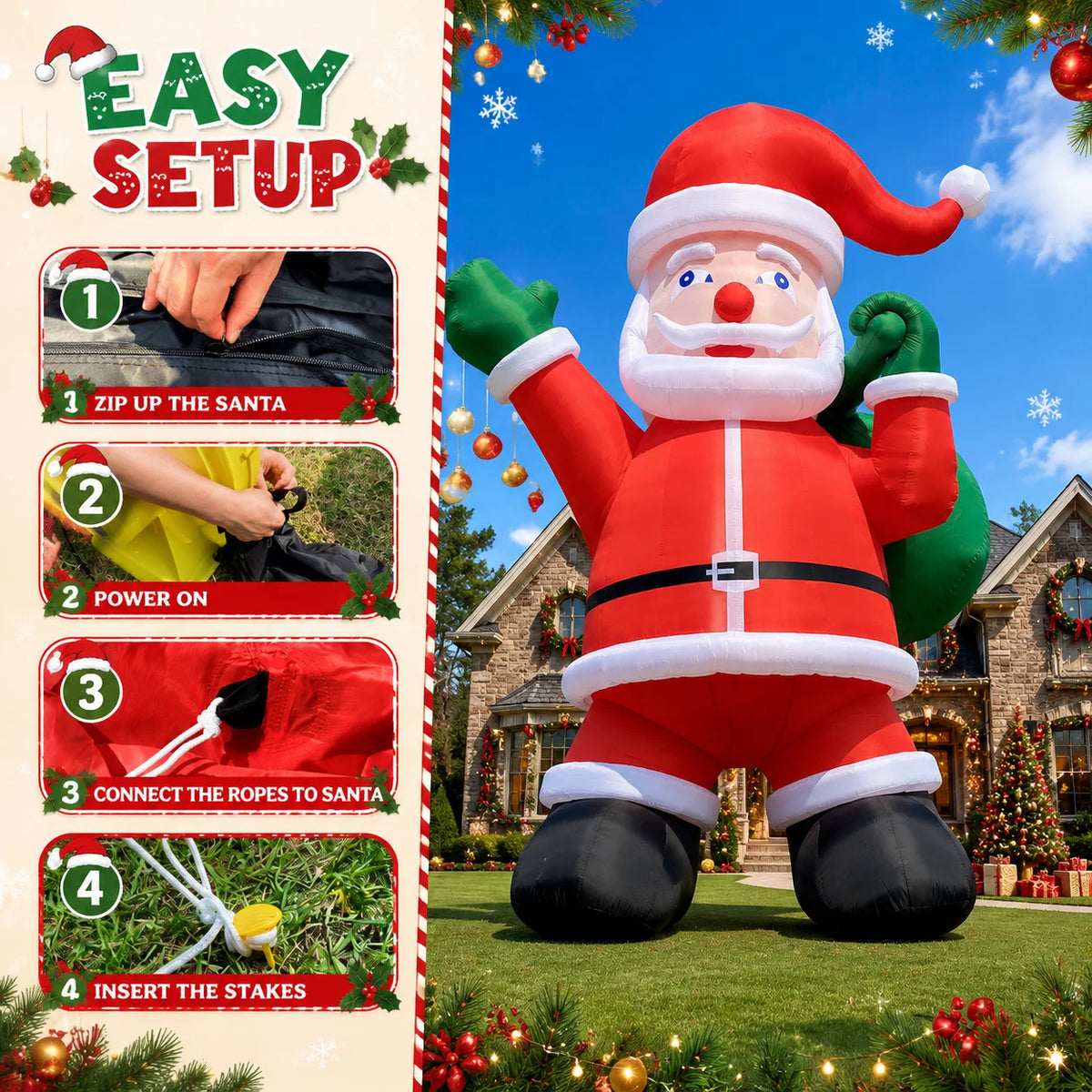 Inflatable Christmas Chimney | 28 Or 33 Ft Tall | Santa Claus | Outdoor Decor