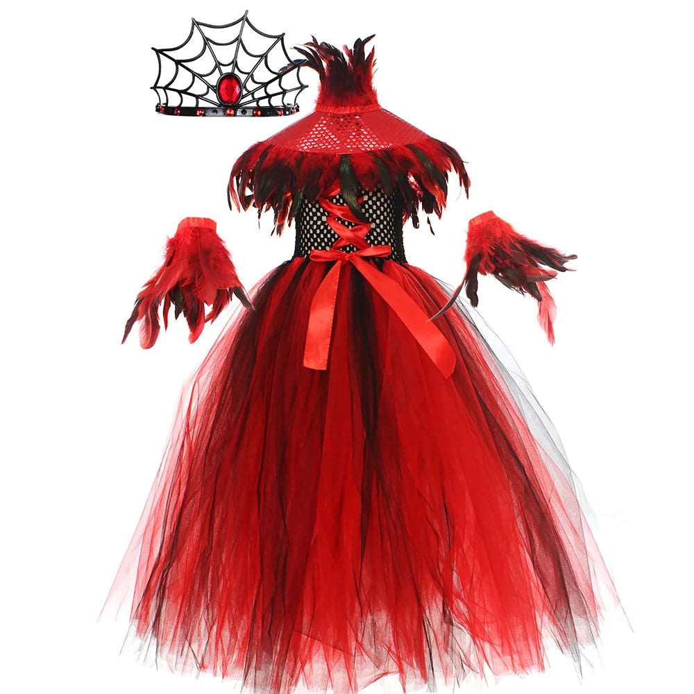 Elegant Red Mesh Demon Witch Dress for Girls - Vampire Cosplay Costume for Carnival and Halloween Parties