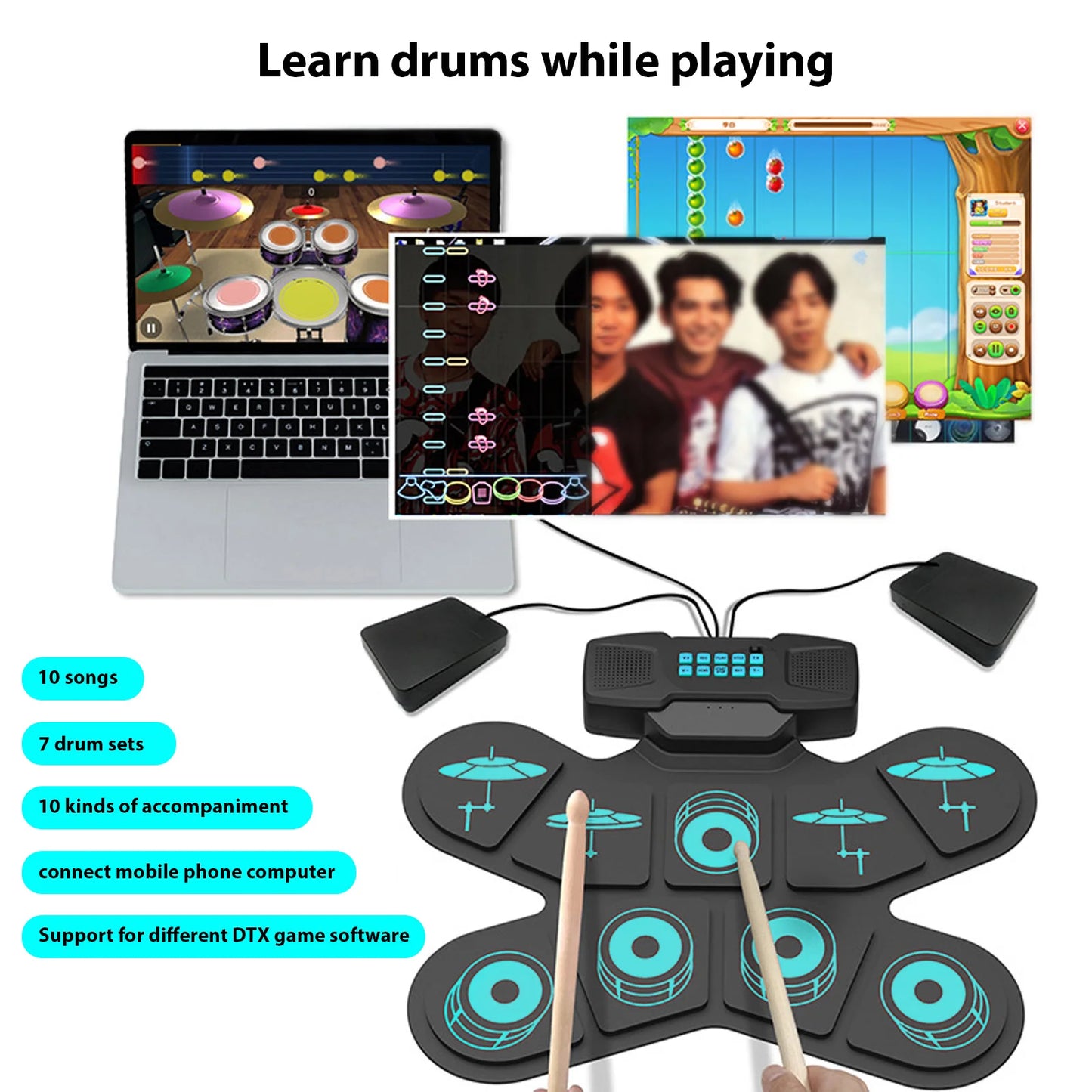 Portable Electronic Drum Set With 9 Pads And Rechargeable Power