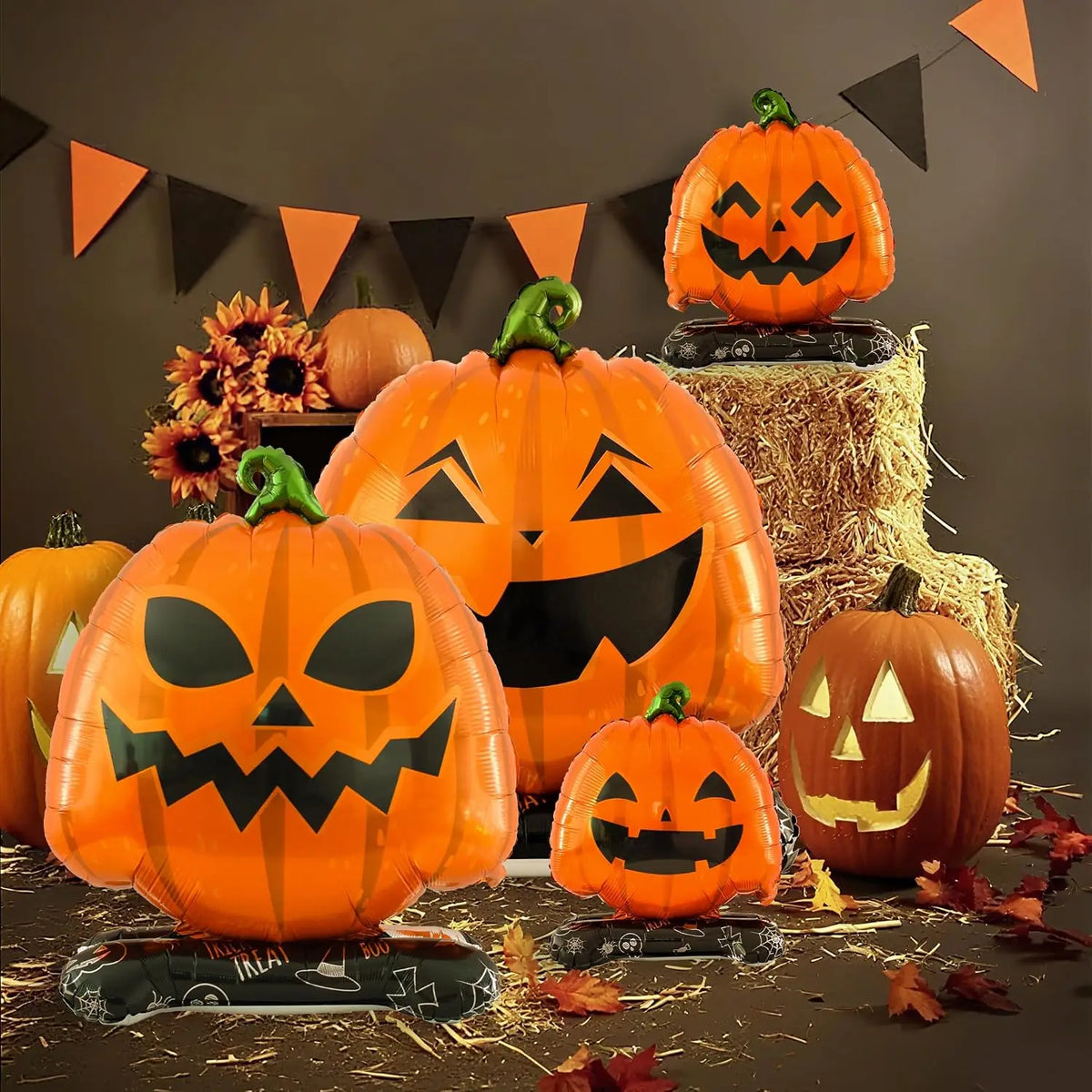 Halloween Pumpkin Balloons | Giant Standing | Mylar Foil | 4 Pack Party Decor