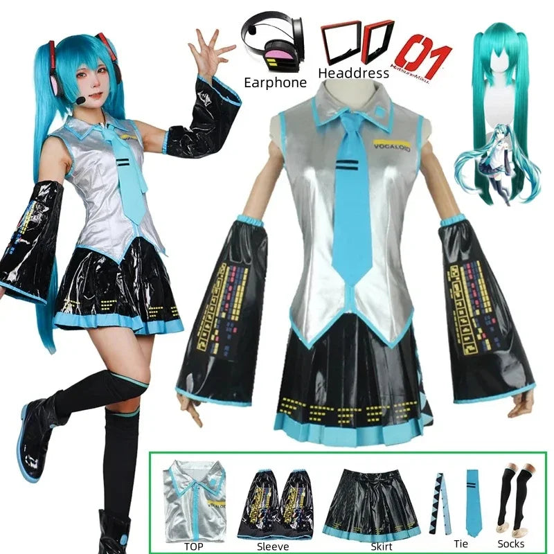 Hatsune Miku Cosplay Costume | Silver Cotton Fabric | Two Piece Set | Unisex