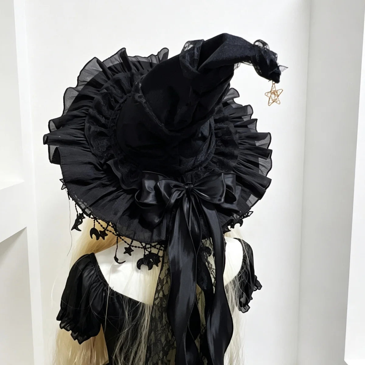 Lace Velvet Witch Hat | Moon Pendant Trim | Lace Edge Detail | Adult Party Wear