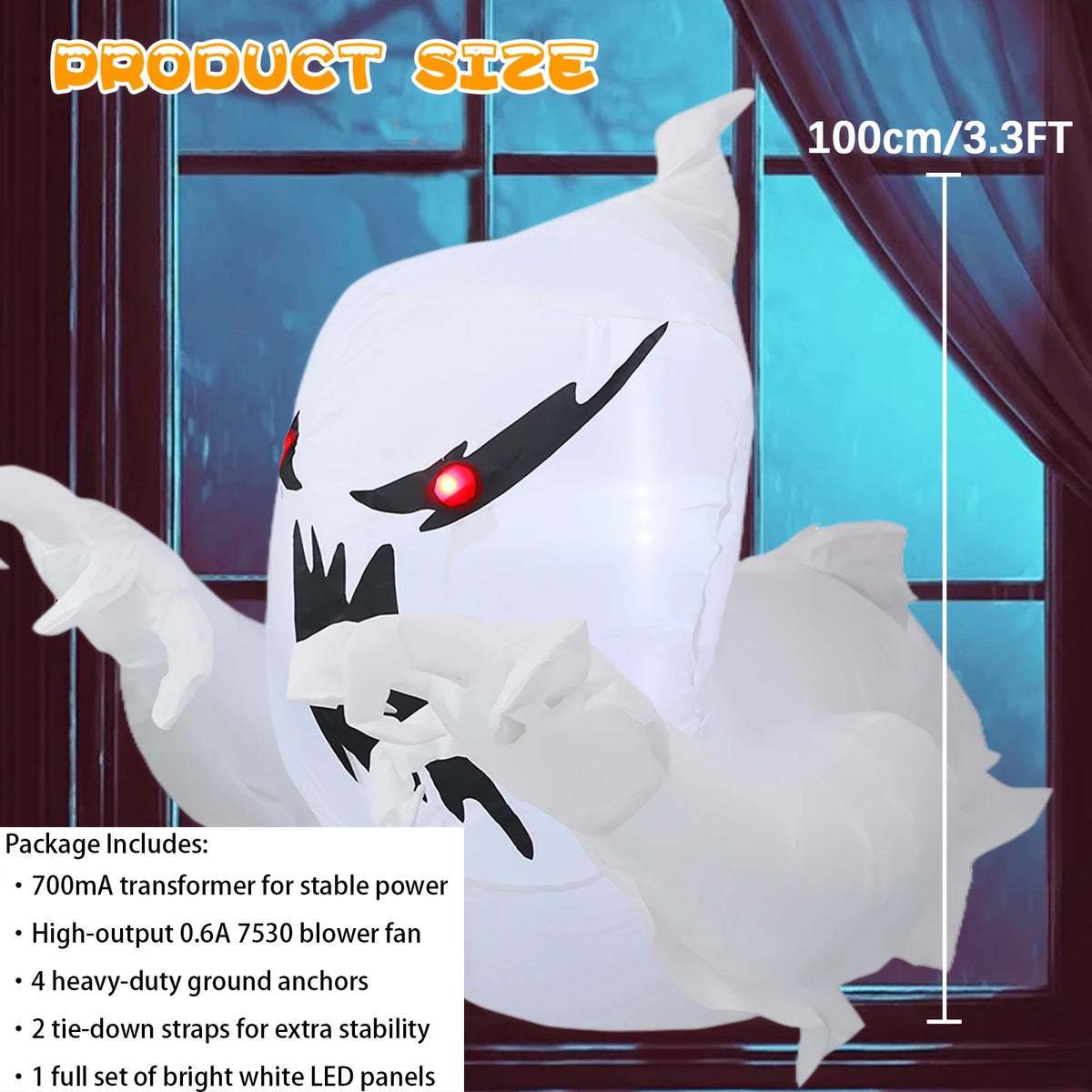 Inflatable Ghost Decor | 3.3 Ft Height | Built In LED | Halloween Yard Prop