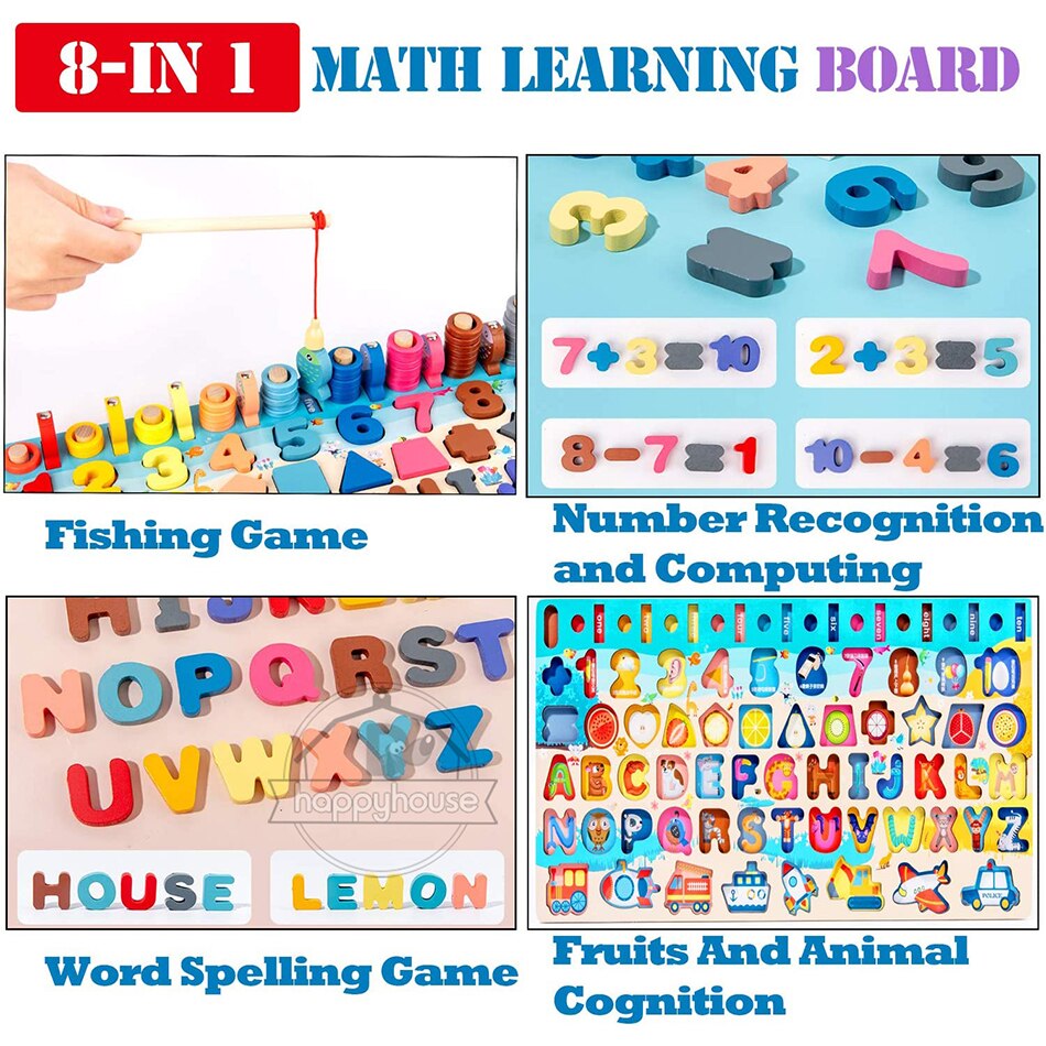 Montessori Math Fishing Wooden Toy Board for Educational Learning, Ages 1-3