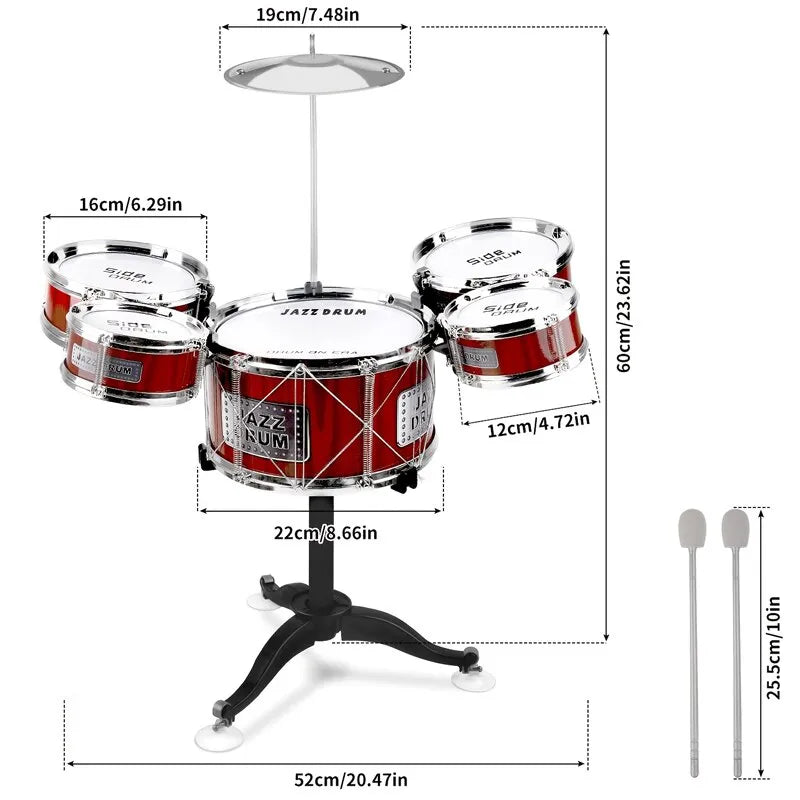 Kids' Jazz Drum Set Toy with 5 Drums, Cymbal, Sticks, and Stool - ToylandEU