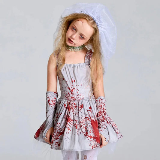 Chillingly Cute Kids Zombie Bride Costume for Halloween Fun